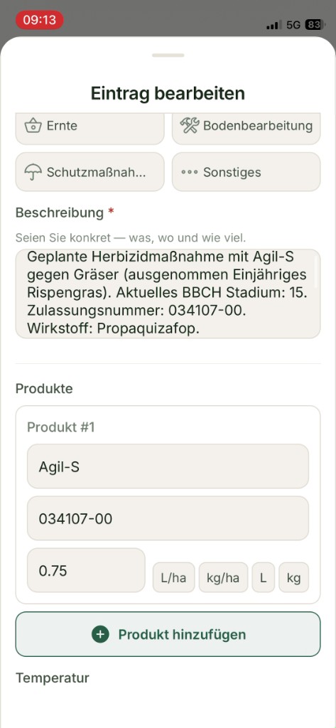 Edit entry screen — Agil-S product and application rate