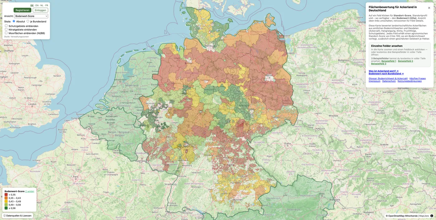 Screenshot of the Flächenbewertung map showing German arable land colored by Bodenwert score